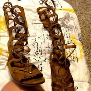Brown laced knee length sandals